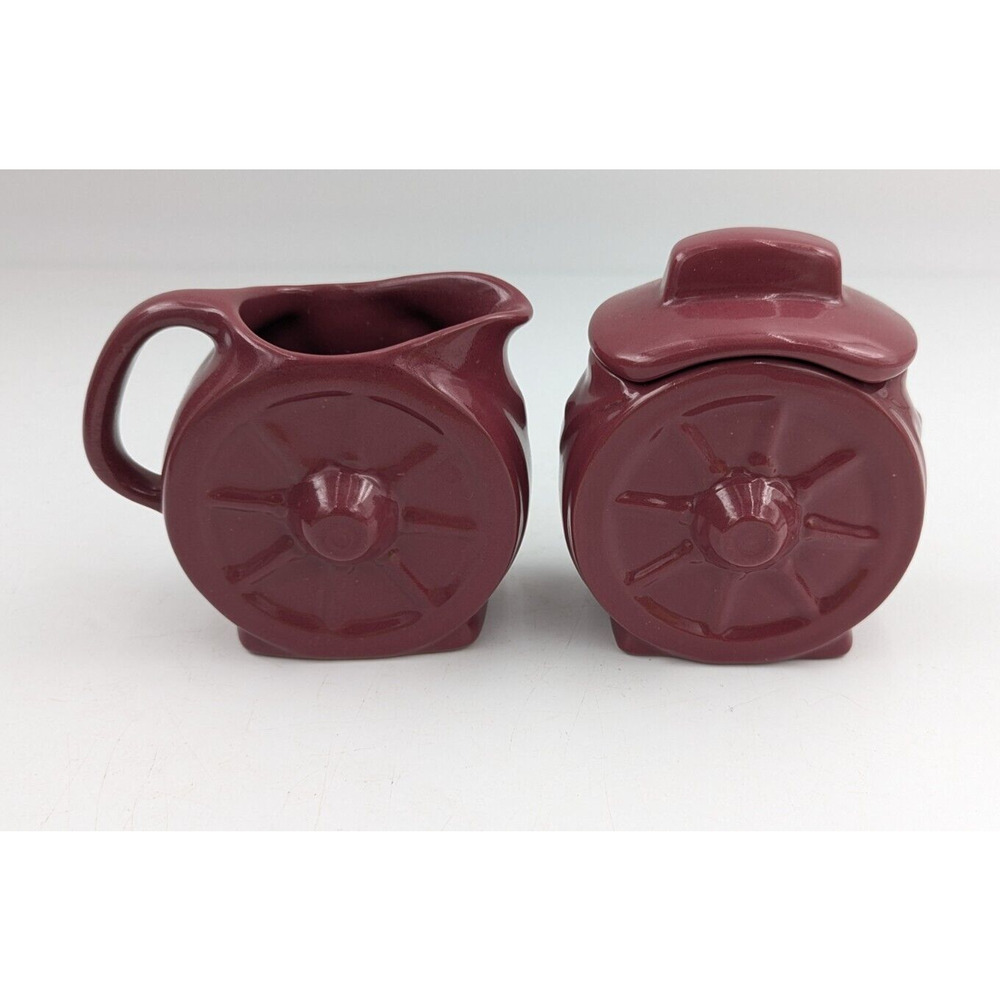 Frankoma Pottery Wagon Wheel Burgundy Cream and Sugar Bowl with Lid 94A 94B
